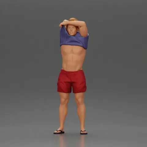 muscular man in shorts taking off his shirt to go swimming by 3DGeschaft Miniatures Figures