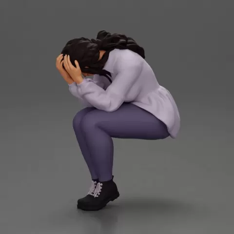 sad girl in a puff-sleeve shirt sitting and crying with her hands covering her face by 3DGeschaft Miniatures Figures