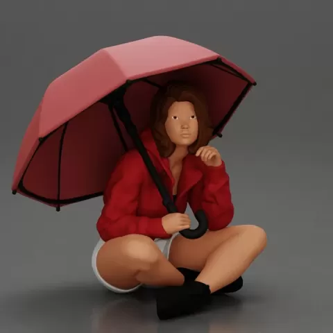 Pretty Girl with an Umbrella in Jacket and Shorts Sitting by 3DGeschaft Miniatures Figures