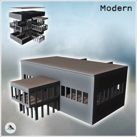 Modern flat-roofed building with internal staircase and raised annex (18) - Cold Era Modern Warfare Conflict World War 3 RPG Post-apo WW3 WWIII by Hartolia Miniatures