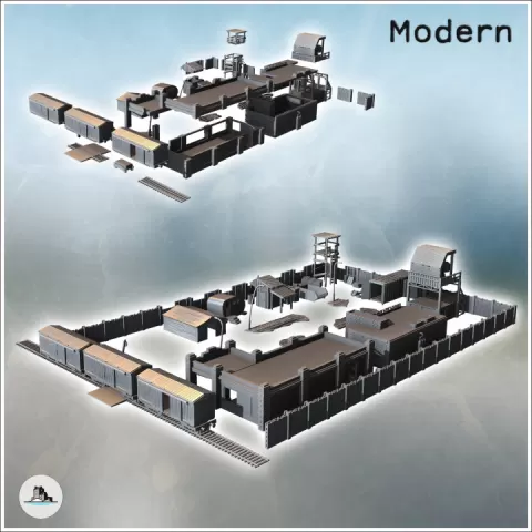 Modern base set with watchtowers, wooden enclosure and train (14) - Cold Era Modern Warfare Conflict World War 3 RPG Post-apo WW3 WWIII by Hartolia Miniatures