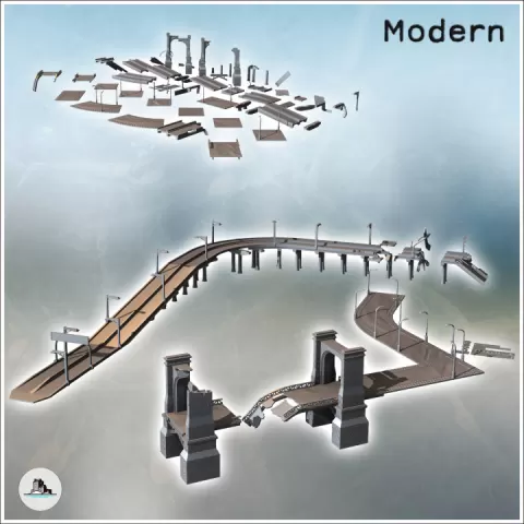 Urban Modern Highway Set with Street Light and Destroyed Stone Bridge (3) - Cold Era Modern Warfare Conflict World War 3 RPG Post-apo WW3 WWIII by Hartolia Miniatures