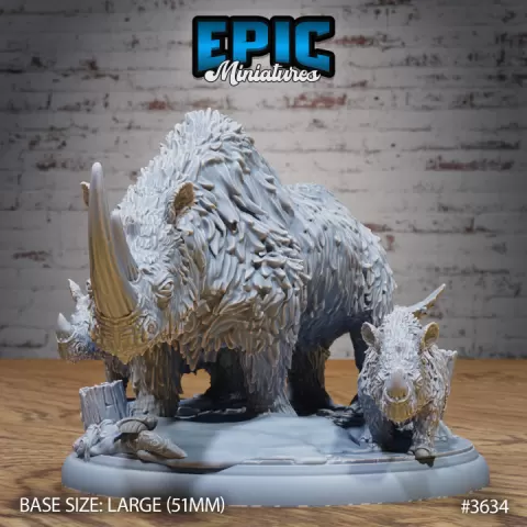 Woolly Rhino Family / Rhinocero / Arctic Beast / Horned Snow Creature / Frozen Wild Animal / Ice Age Encounter by Epic-Miniatures