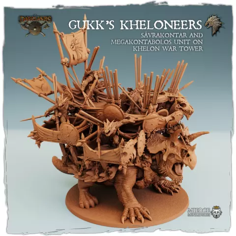 Khthones Gukk's Kheloneers, Sávrakontar and Megakontabolos Unit on Khelon War Tower by Mierce Miniatures