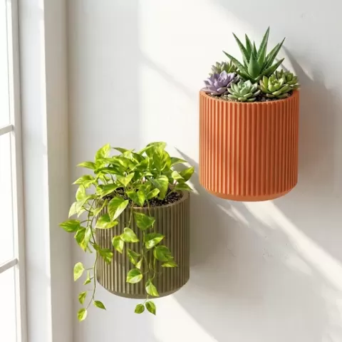 Nordic Ribbed Wall Planter - Fluted Cylinder Hanging Pot - Minimalist Vertical Garden STL - Screw Mount Keyhole Design