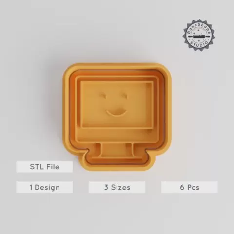 Kawaii Computer Shape Cutter & Stamp Set, Smiling Monitor Cookie, Fondant Tool, 3 Sizes, 6 Pieces, Kawaii Icons