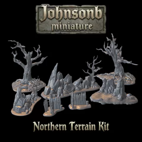 Northern Norse Terrain Kit STL – Viking Rocks, Dead Trees & Palisades – Fantasy Tabletop Scenery for 28–32mm Wargames & RPGs
