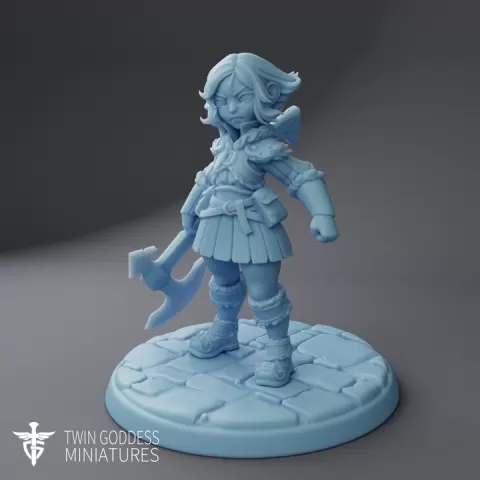 Maemita the Halfling Fighter ( Female Halfling Warrior / Halfling Paladin with Axe / Cute Female Dwarf / Gnome Fighter / Halfling ) by Twin Goddess Miniatures