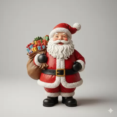 santa Claus with sack of gifts in his hands decorative figure ceramic plaster candles chocolates