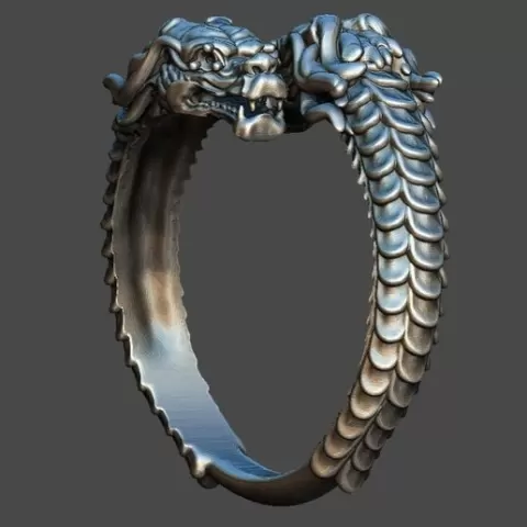Two Dragons Ring – Intertwined Fantasy Dragon Band – High-Detail 3D Printable Jewelry