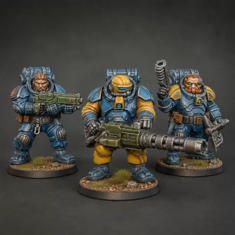 Sci-Fi Space Dwarves Heavy Infantry 3D Printable Set - 3 Armored Kin w/ Rotary Cannon Heroic Scale Miniatures STL by Ronald
