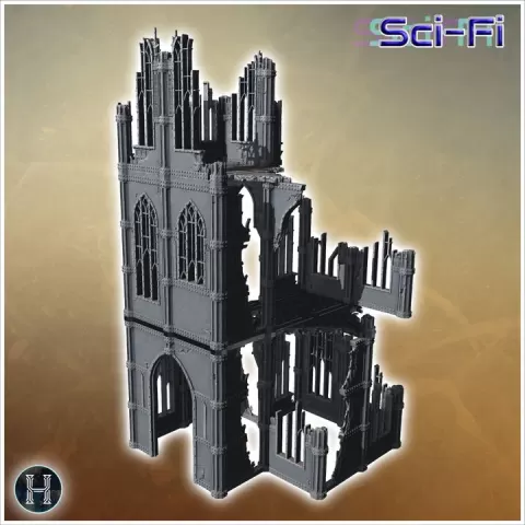 Large damaged building facade with multiple gothic arches and broken architectural elements throughout (18) - Future Sci-Fi SF Post apocalyptic Tabletop Scifi Wargaming Planetary exploration RPG Terrain by Hartolia Miniatures