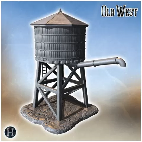Water tower standing on wooden support beams, featuring a connected pipe and attached climbing ladder (31) - Cowboy USA America ACW American Civil War History Historical by Hartolia Miniatures