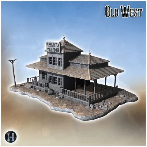 Rustic railway station constructed from wooden beams, with detailed windows, rocky ground, and surrounding debris (32) - Cowboy USA America ACW American Civil War History Historical by Hartolia Miniatures
