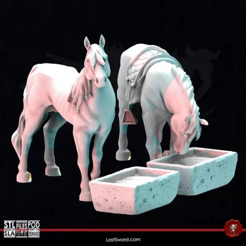 Village's Horses and Trough | Pre-Supported | 30mm Fantasy Scenery by LastSword Miniatures