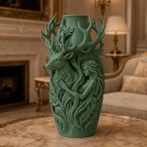 Green Forest Stag Goddess Vase