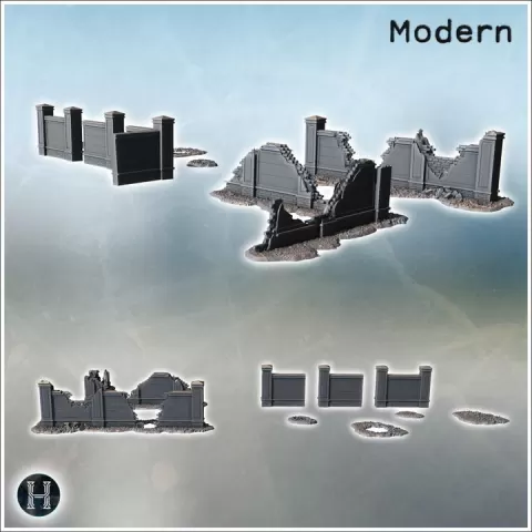 Series of damaged walls with broken sections, rubble piles, and intact straight panels for variation (2) - Modern WW2 WW1 World War Diaroma Wargaming RPG Mini Hobby by Hartolia Miniatures