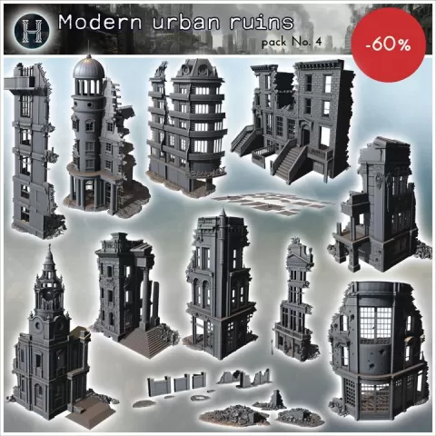 Modern urban ruins pack No. 4 - Modern WW2 WW1 World War Diaroma Wargaming RPG Mini Hobby by Hartolia Miniatures