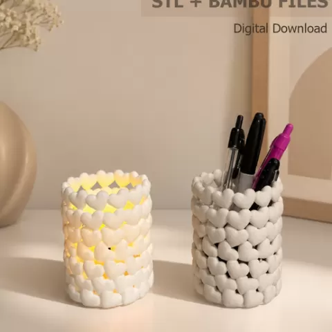 2-in-1 Heart Lampshade & Pen Holder STL + Bambu 3MF | Decor Design | Modern Minimalist Desk Organizer | Digital Download