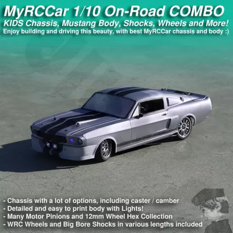 MyRCCar Complete On-Road RC Car COMBO, 1967 Mustang Body with KIDS Chassis, Wheels, Shocks, HEX and Motor Pinions by Dlb Five