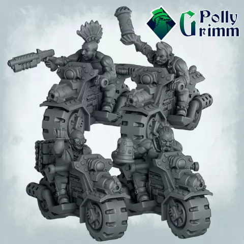 Sci-fi tabletop miniature. Galaxy Dwarves set. Gang of dwarf bikers. Cool D band by PollyGrimm