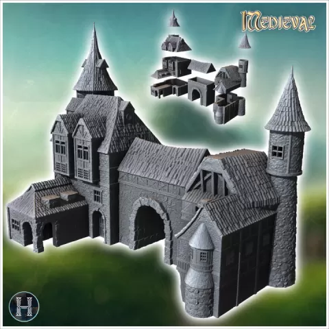 Large medieval manor house with double towers, large central arch and half-timbered stone walls (20) - Medieval Gothic Feudal Old Archaic Saga 28mm 15mm RPG by Hartolia Miniatures