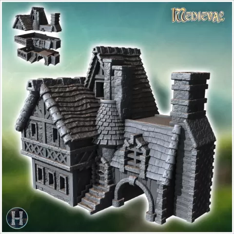 Tiled-roof medieval building with fireplace, access staircase and archway (19) - Medieval Gothic Feudal Old Archaic Saga 28mm 15mm RPG by Hartolia Miniatures