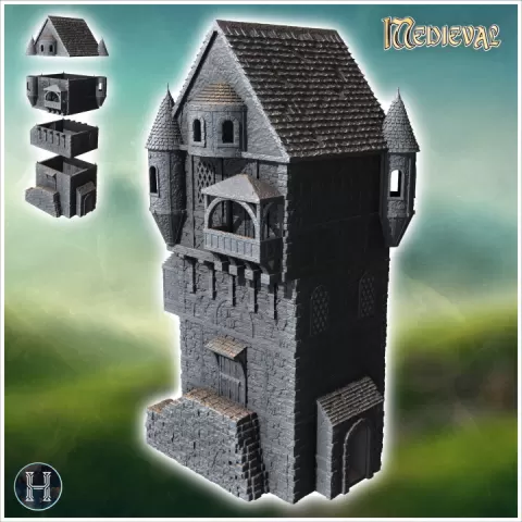 Medieval building with corner towers and covered balcony on upper floor (9) - Medieval Gothic Feudal Old Archaic Saga 28mm 15mm RPG by Hartolia Miniatures