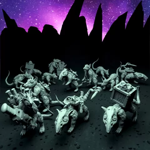 Giant/Dire rats including carrying pack rats and giant rat squires (multiple models in varied poses) by Lex Addams
