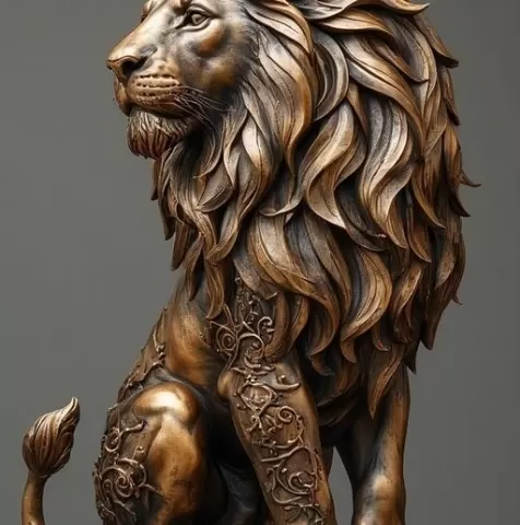 Bronze Majesty: A Lion Sculpture's Intricate Details, Noble Expression, and Muscular Form Capture Regal Strength and Fierce Wisdom