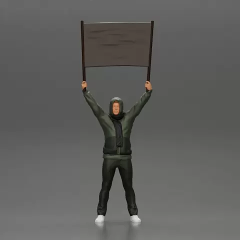 man in a hoodie and scarf is holding a banner by 3DGeschaft Miniatures Figures