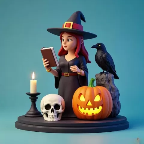 2416 Halloween Witch with Spell book, Skull, Raven and Pumpkin - Color 3D Model on Pedestal, Halloween, magic, spider, mask, gnome, gorgon, wild, bat, monster, mutant, fair, witch, werewolf, horror, beast, mutant spider, skeleton, skull