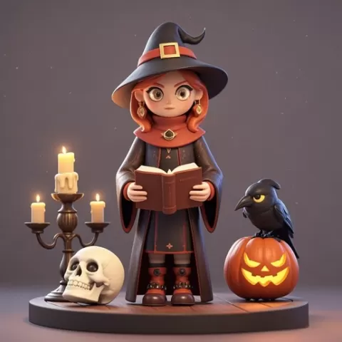 2414 Halloween Witch with Spell book, Skull, Raven and Pumpkin - Color 3D Model on Pedestal, Halloween, magic, spider, mask, gnome, gorgon, wild, bat, monster, mutant, fair, witch, werewolf, horror, beast, mutant spider, skeleton, skull