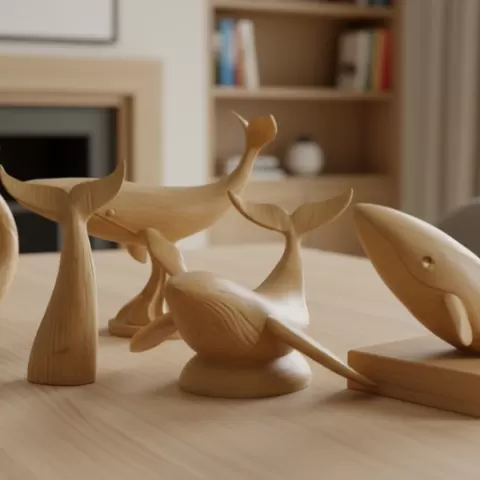 Elegant Wooden Whale Statue | Minimalist Ocean-Themed Home Decor 3D Printed Model (Set of 5)