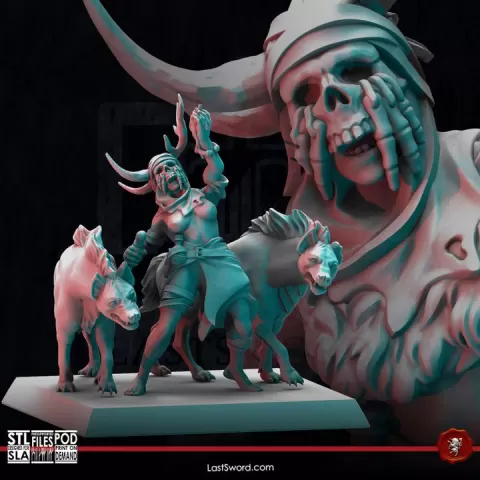 Barbarian Sorceress and Hyenas | Pre-Supported | 30mm Sea of the Ashes by LastSword Miniatures