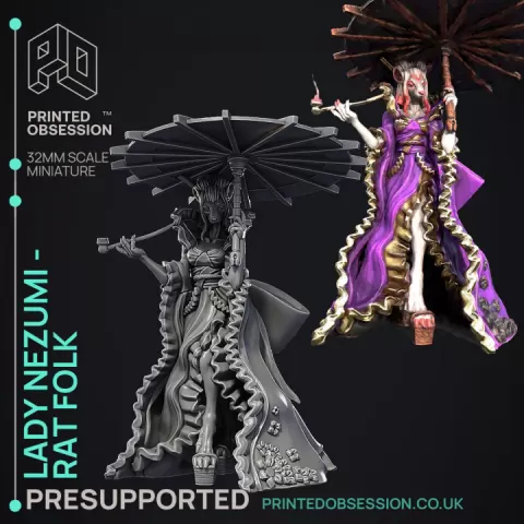 Lady Nezumi - Rat Folk Guild Leader - PRESUPPORTED - Illustrated and Stats - 32mm scale by Printed Obsession