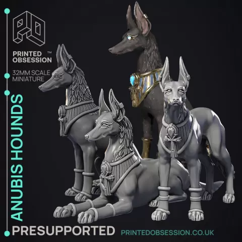 Anubis Hounds - 3 Models - Court of Anubis - PRESUPPORTED - Illustrated and Stats - 32mm scale by Printed Obsession