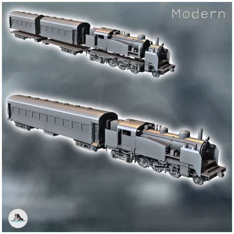 Steam train 2-4-4 with passenger car (1) - Modern WW2 WW1 World War Diaroma Wargaming RPG Mini Hobby by Hartolia Miniatures