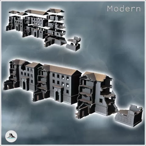 Set of three modern ruined buildings with central arch and stone pavement (8) - Modern WW2 WW1 World War Diaroma Wargaming RPG Mini Hobby by Hartolia Miniatures