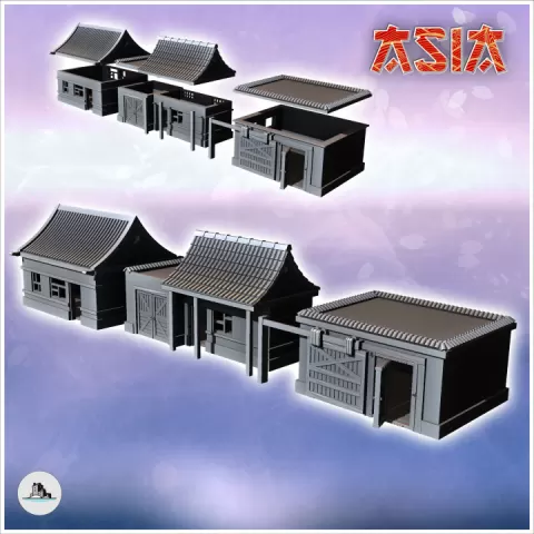 Set of three Asian wooden houses with curved tile roof (2) - Asian Asia Oriental Angkor Ninja Traditionnal RPG Mini by Hartolia Miniatures