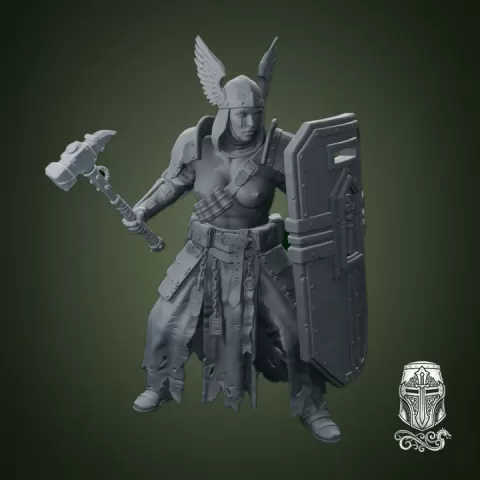 Blind Warrior Nun with War Hammer and Shield – 32mm Grimdark Miniature for Wargames and RPGs by Guillermo Montero Santiago
