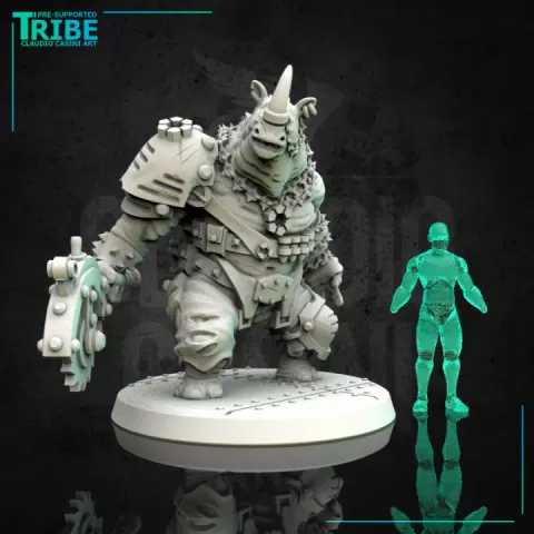 (L 0026) Male rhinoceros mutant post-apocalyptic with a big melè weapons by Claudio Casini Art