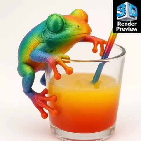 Rainbow Chameleon Drinking Juice – 3D Render Preview - MegaPrintSTL