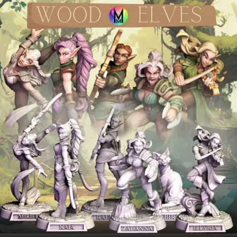 Female Wood Elf Set - Set of 5 wood elves ( Wood elves of various classes ) by Moonlight Minis- Christine Van Patten
