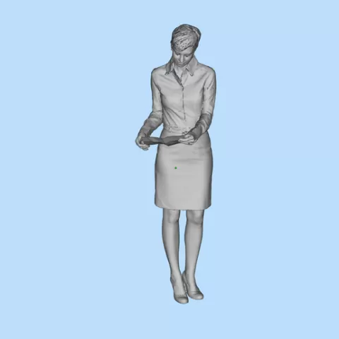 A woman with short hair and a short skirt standing and reading a flyer. character scene model