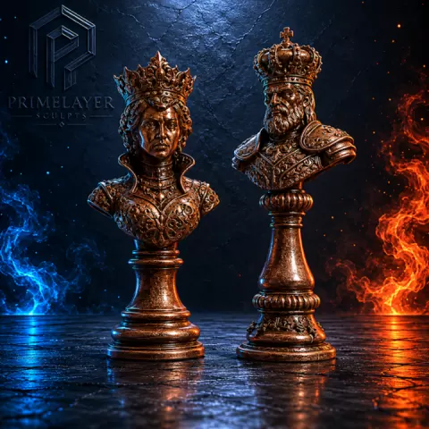 King & Queen Chess Bust Set — Detailed Royal Sculpture | STL File for 3D Printing by PrimeLayer Sculpts