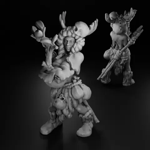 Primitive Barbarian Shamaness with Antler Headdress and tree sapling - 32mm Fantasy Miniature by StoneAxe Miniatures