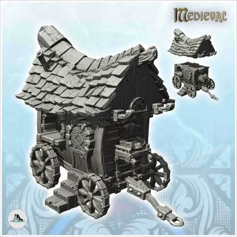 Wooden merchant's caravan with tile roof and upholstered sea - Hartolia Miniatures