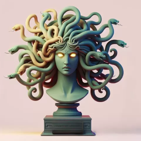 1921 Color 3D Model of a Beautiful Gorgon with Glowing Eyes, fantasy, wood, base, sword, warrior, wild, fox, monster, cat, dog, fair, witch, werewolf, horror, beast, gothic, troll