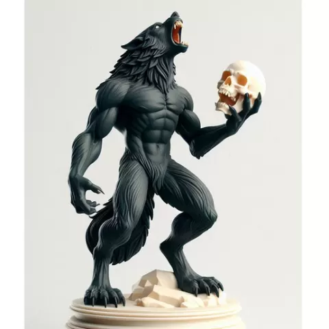 1733 Werewolf Howling with Skull – 3D Model, magic, fox, kung fu, shapeshifter, fantasy, warrior, mystic, legend, monster, fair, witch, werewolf, horror, beast, snake, troll, skeleton, skull, Halloween, STL, DND, ARTE